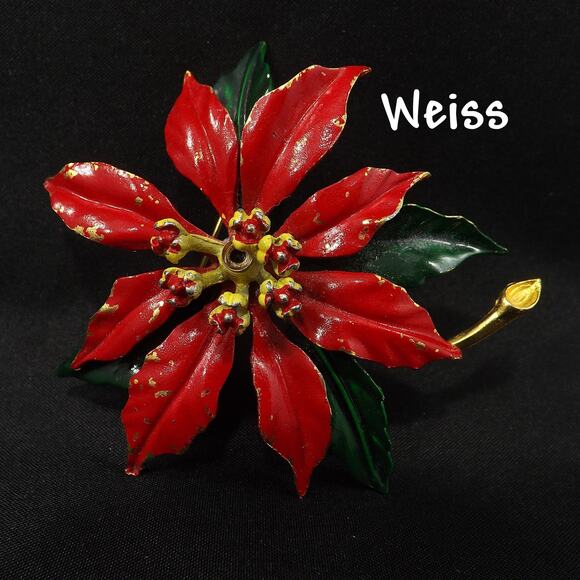 Weiss Poinsettia Brooch, Gold Plated Red Enamel, 1950s Vintage Jewelry - Picture 1 of 10